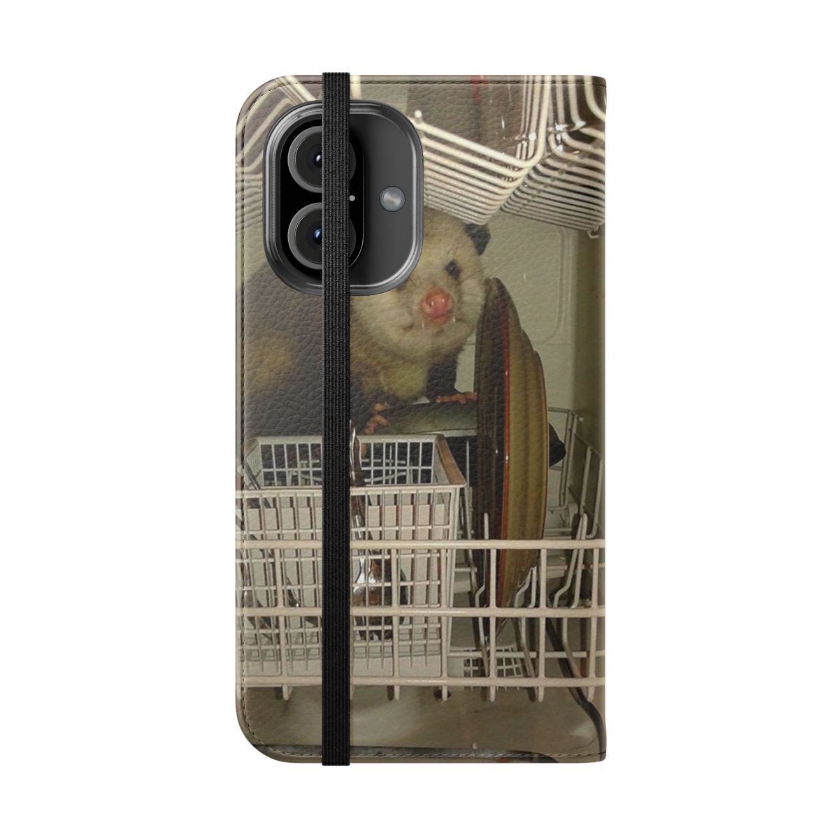 Dishwasher Possum Flip Cover Phone Case with Quirky Meme Design - Folded Front