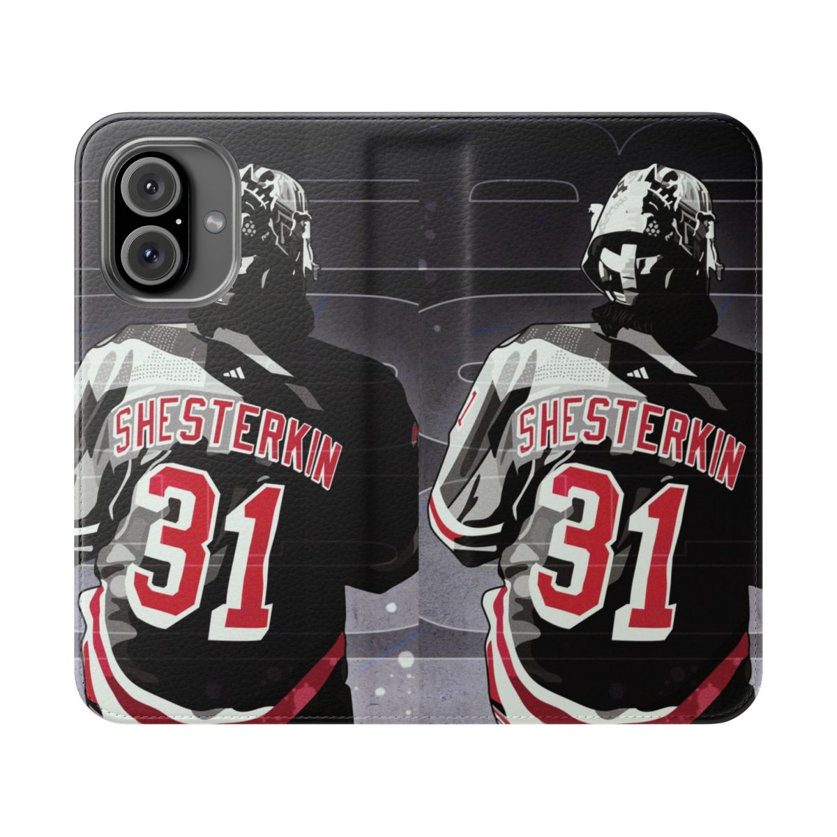 Flip cover phone case featuring artwork of New York hockey goalie Igor Shesterkin