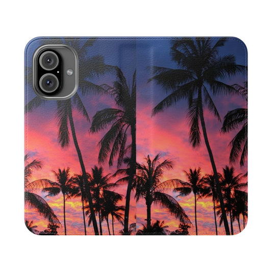 Tropical palm trees flip phone case with sunset background