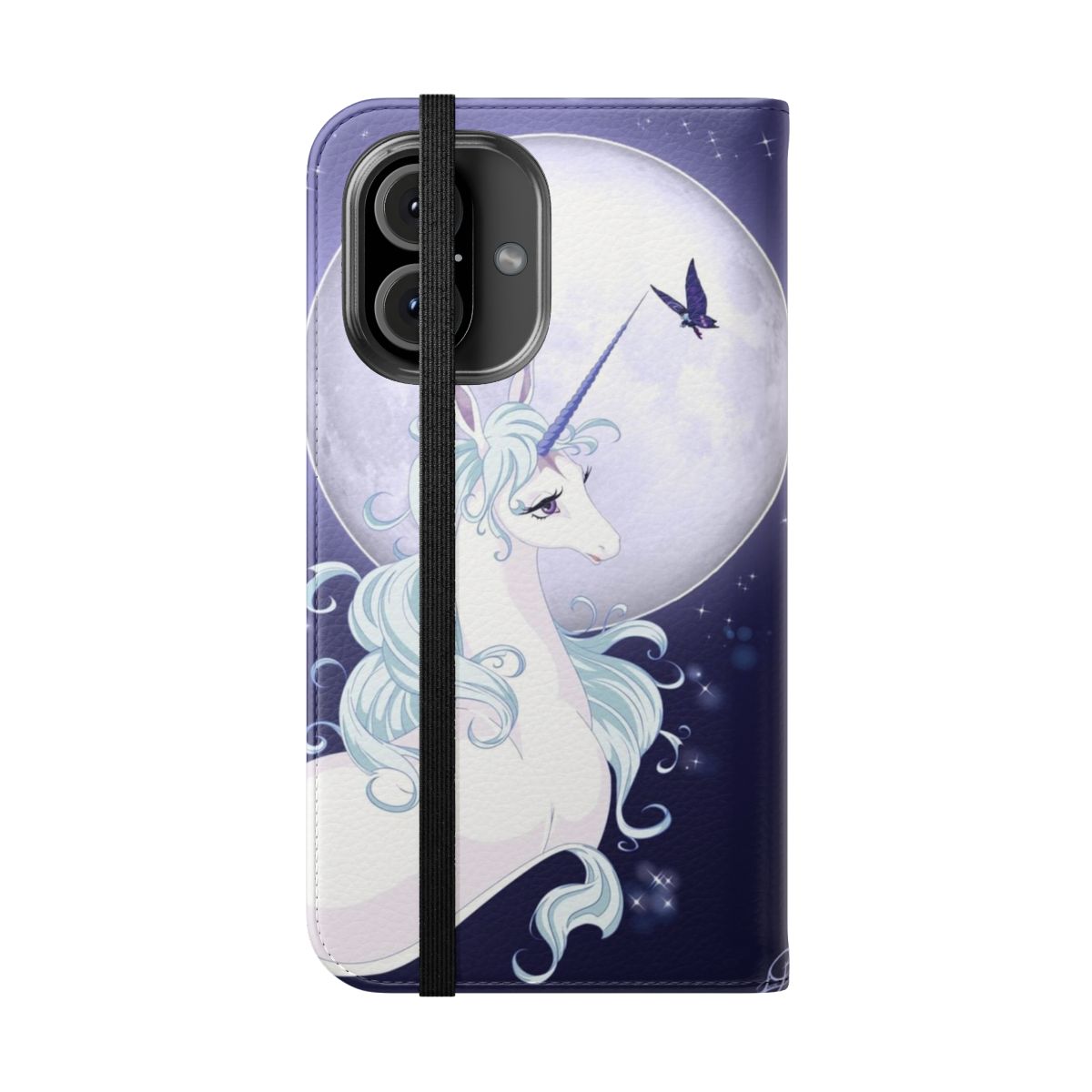 Flip cover phone case featuring a full moon unicorn design - Folded Front