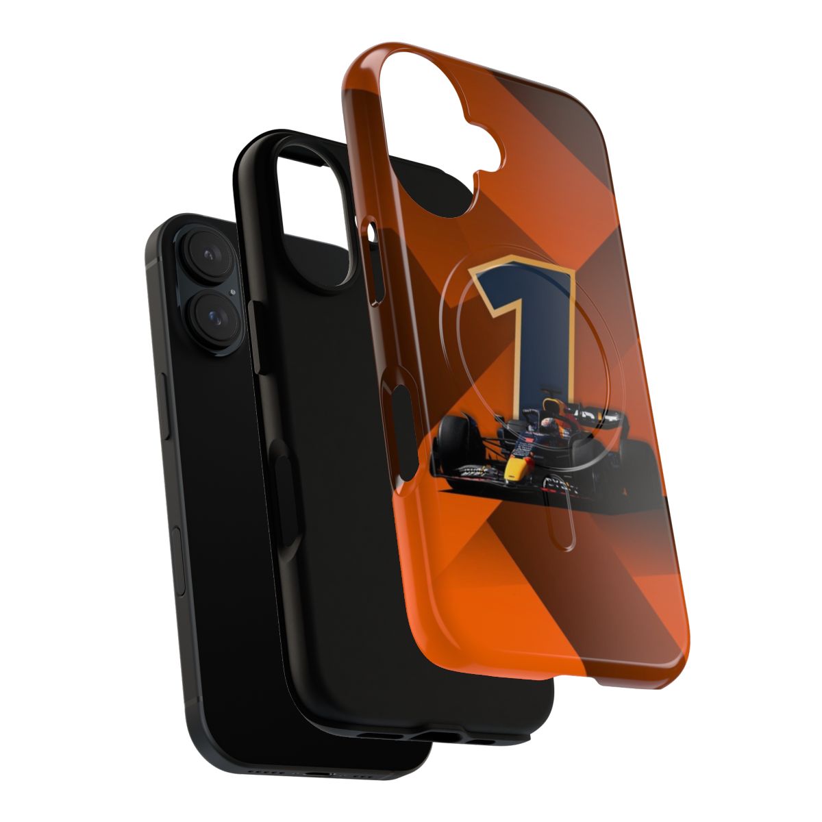 Orange phone case with magnetic closure and tough design, featuring Formula 1 racing colors and inspiration. - Layers