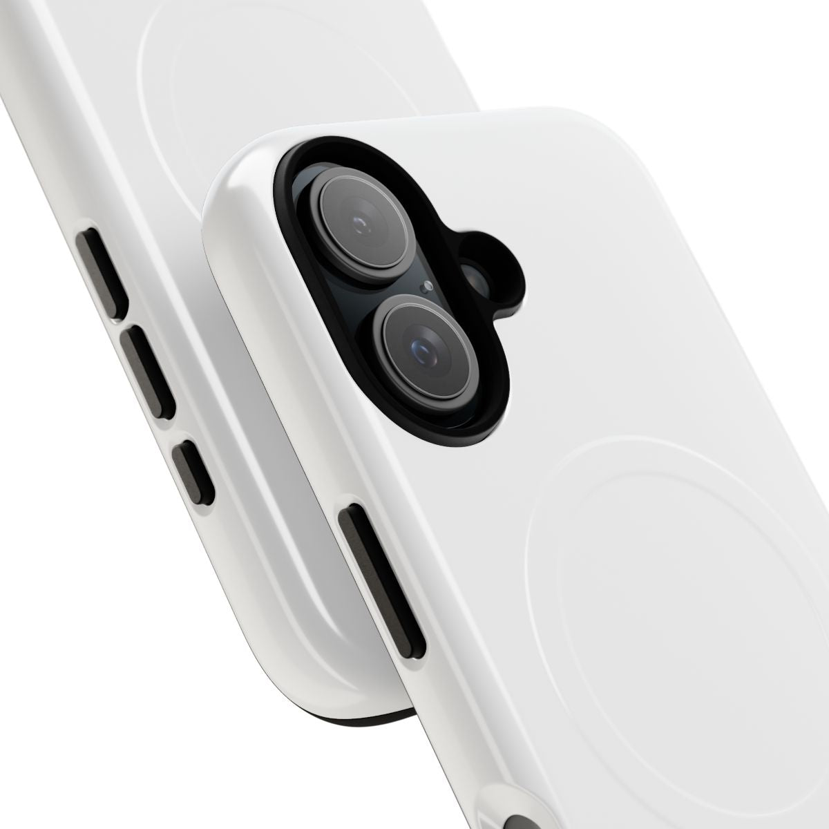 Closeup of a sleek, pure white, minimalist phone case with a magnetic closure - Detail