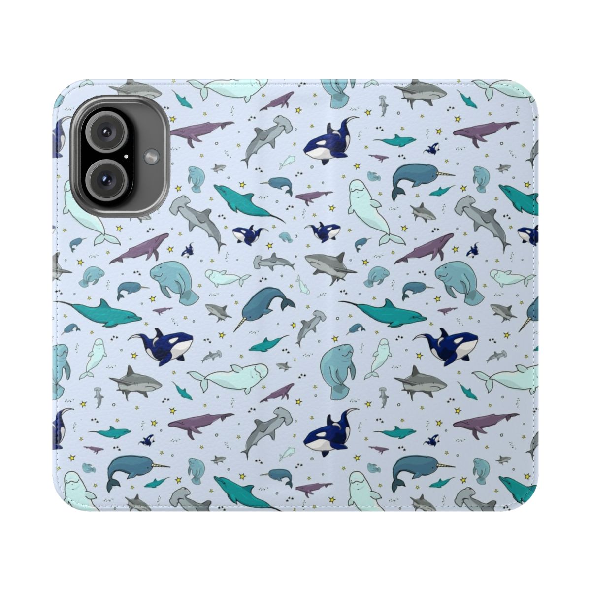 Underwater-inspired phone case with whales, dolphins, and other marine life