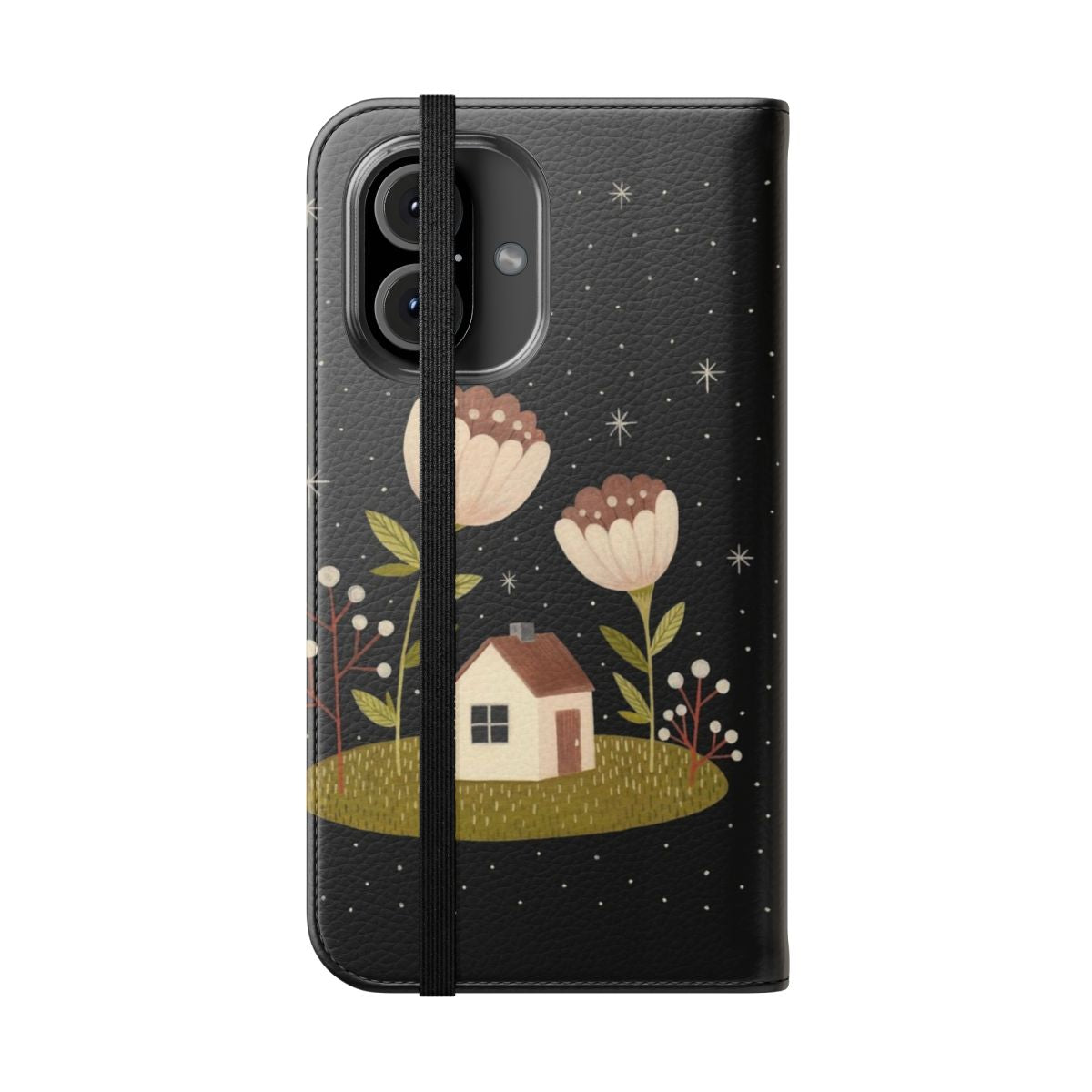 A phone case featuring a whimsical design of a tiny house surrounded by flowers and a starry night sky. - Folded Front