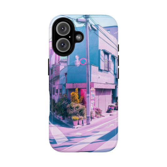 Anime-inspired vaporwave phone case with a residential Tokyo street scene