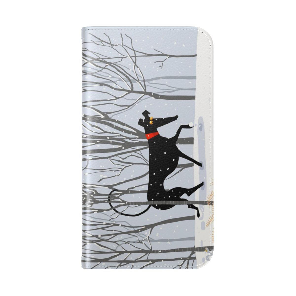 Illustration of a greyhound dog in a snowy, winter landscape on a phone case - Folded Back