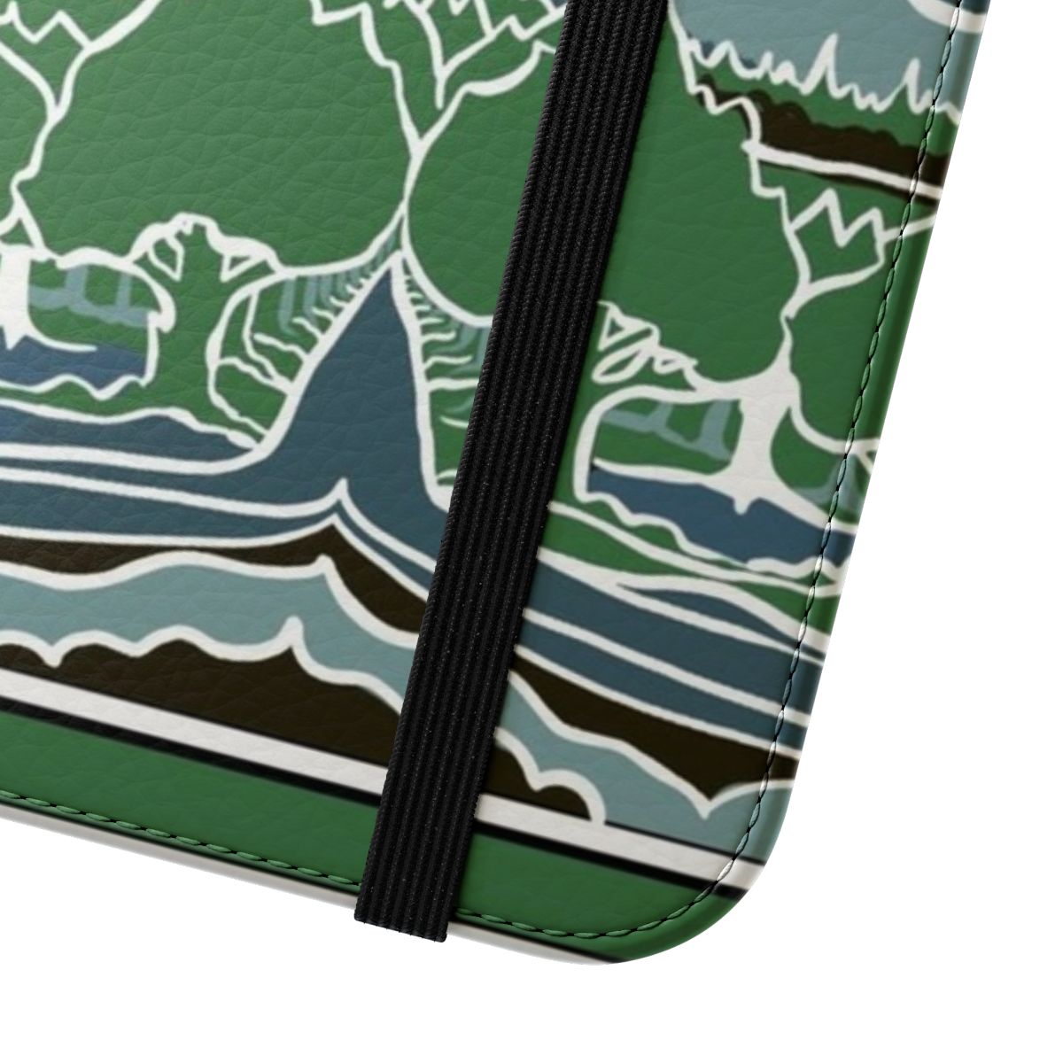 A flip cover phone case featuring a forest mountain path in the style of J.R.R. Tolkien's Middle-earth fantasy world. - Close Up