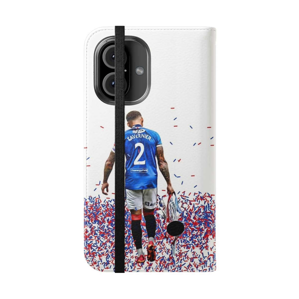 Flip cover phone case featuring an image of Rangers FC captain James Tavernier and the club's 55th league title trophy - Folded Front