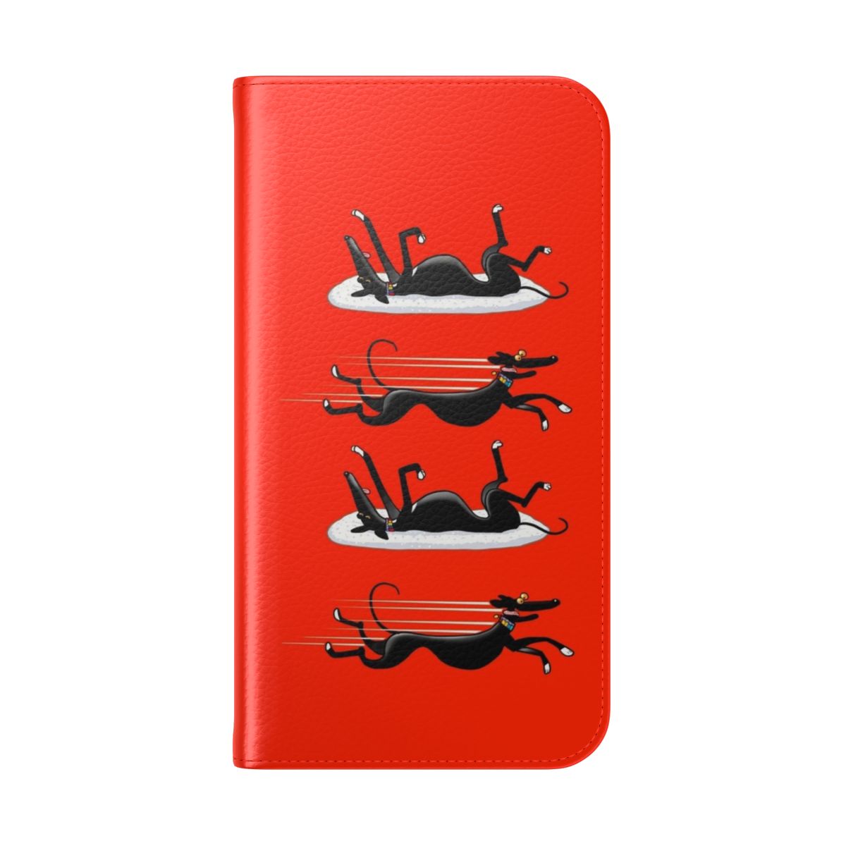 Vibrant red flip cover phone case featuring a cartoon greyhound design - Folded Back