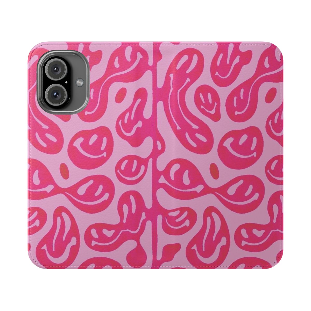 Vibrant hot pink phone case with a psychedelic melted smiley face pattern