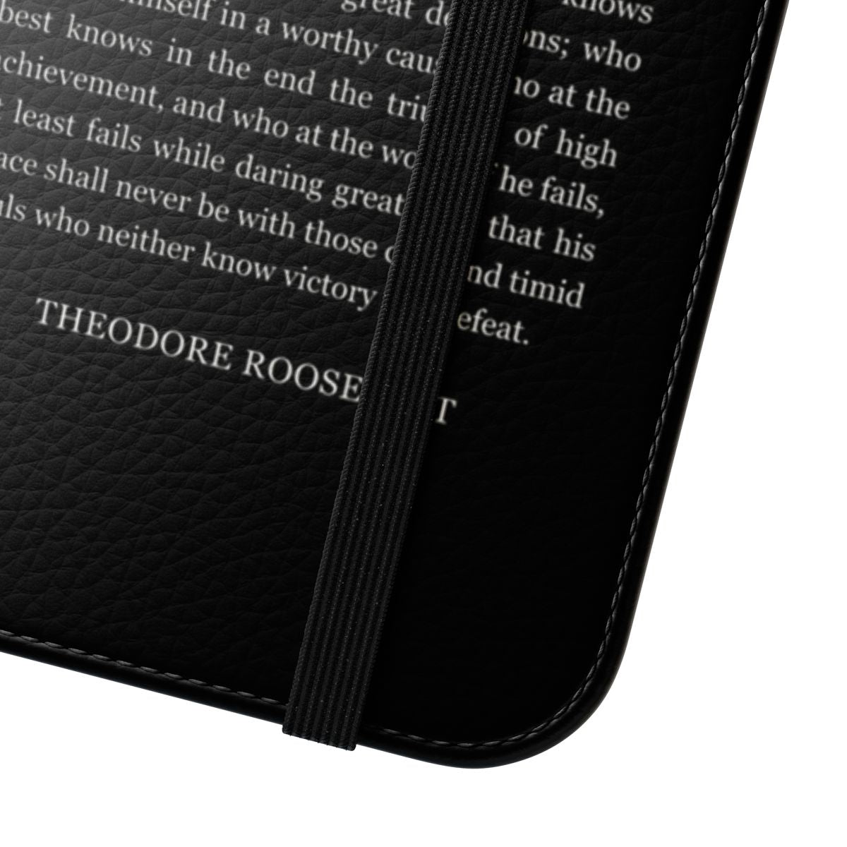 A flip phone case cover featuring an inspirational quote by Theodore Roosevelt about the "man in the arena". - Close Up