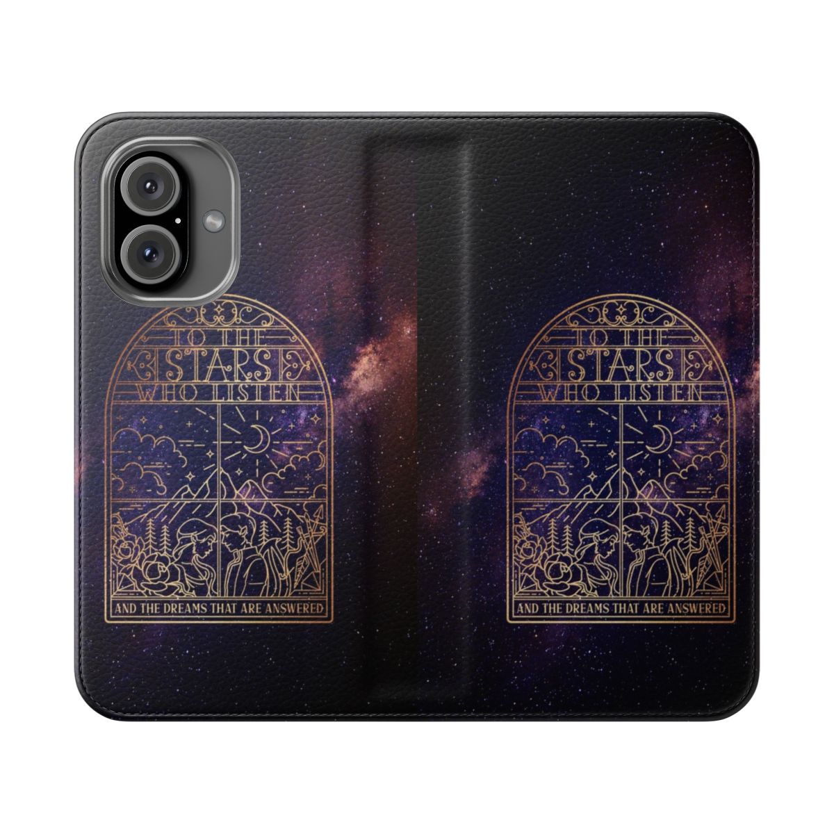 Flip cover phone case featuring a starry night sky design, inspired by the ACOTAR book series by Sarah J. Maas.