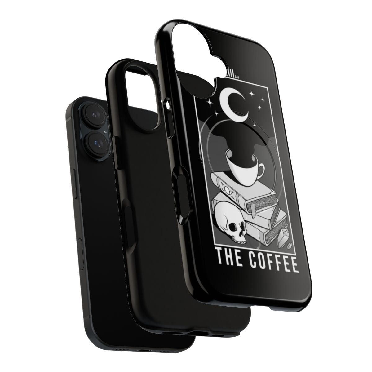 A dark, gothic phone case featuring a coffee cup, tarot cards, and occult symbols. - Layers