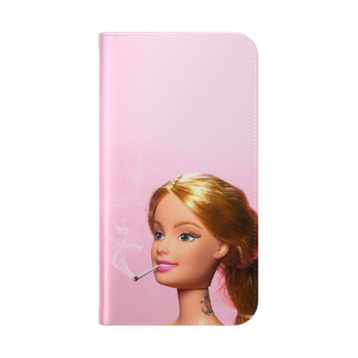 A flip cover phone case with a minimalist doll-inspired design, featuring a surreal, contemporary pop art style. - Folded Back