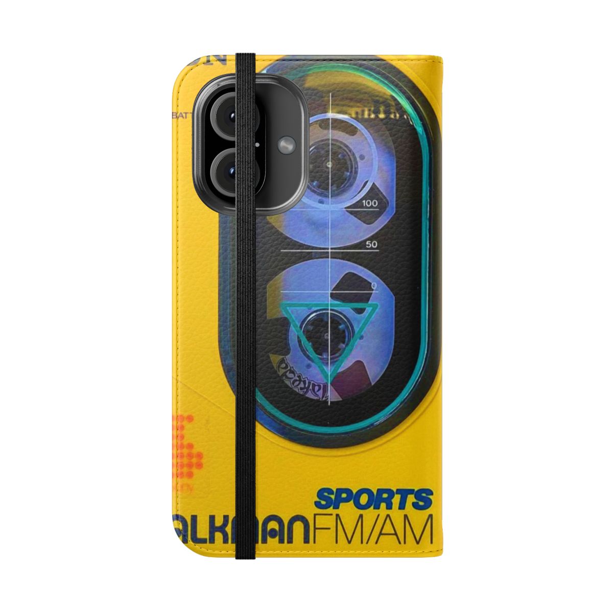 Vintage-style flip cover phone case with Walkman-inspired design - Folded Front