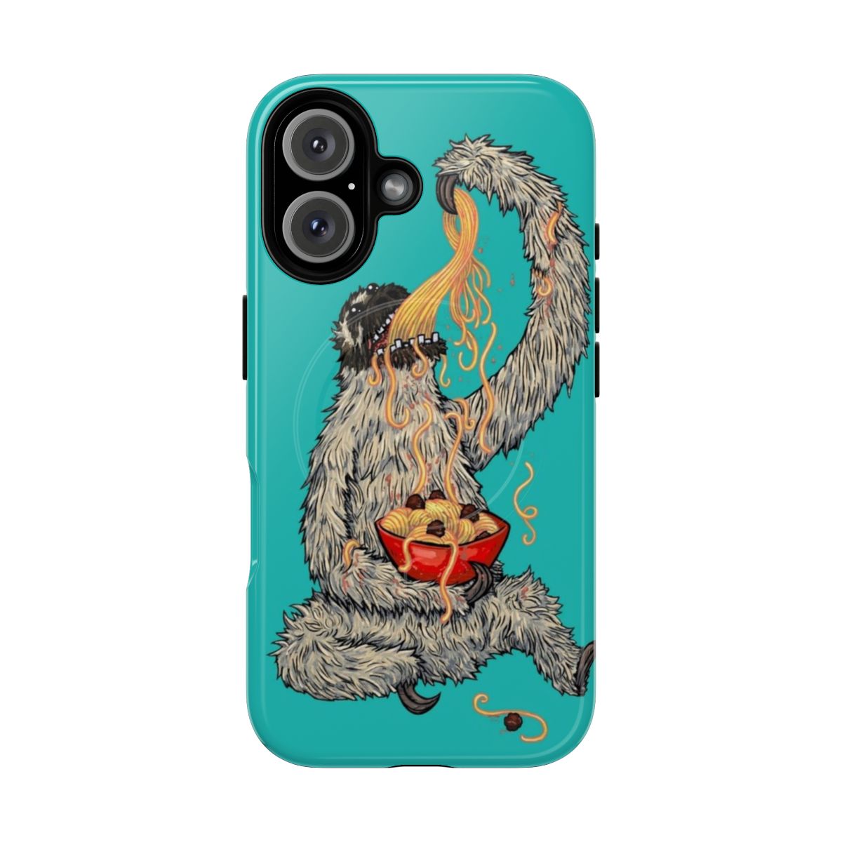 A whimsical phone case featuring a sloth eating spaghetti, perfect for food and animal lovers.