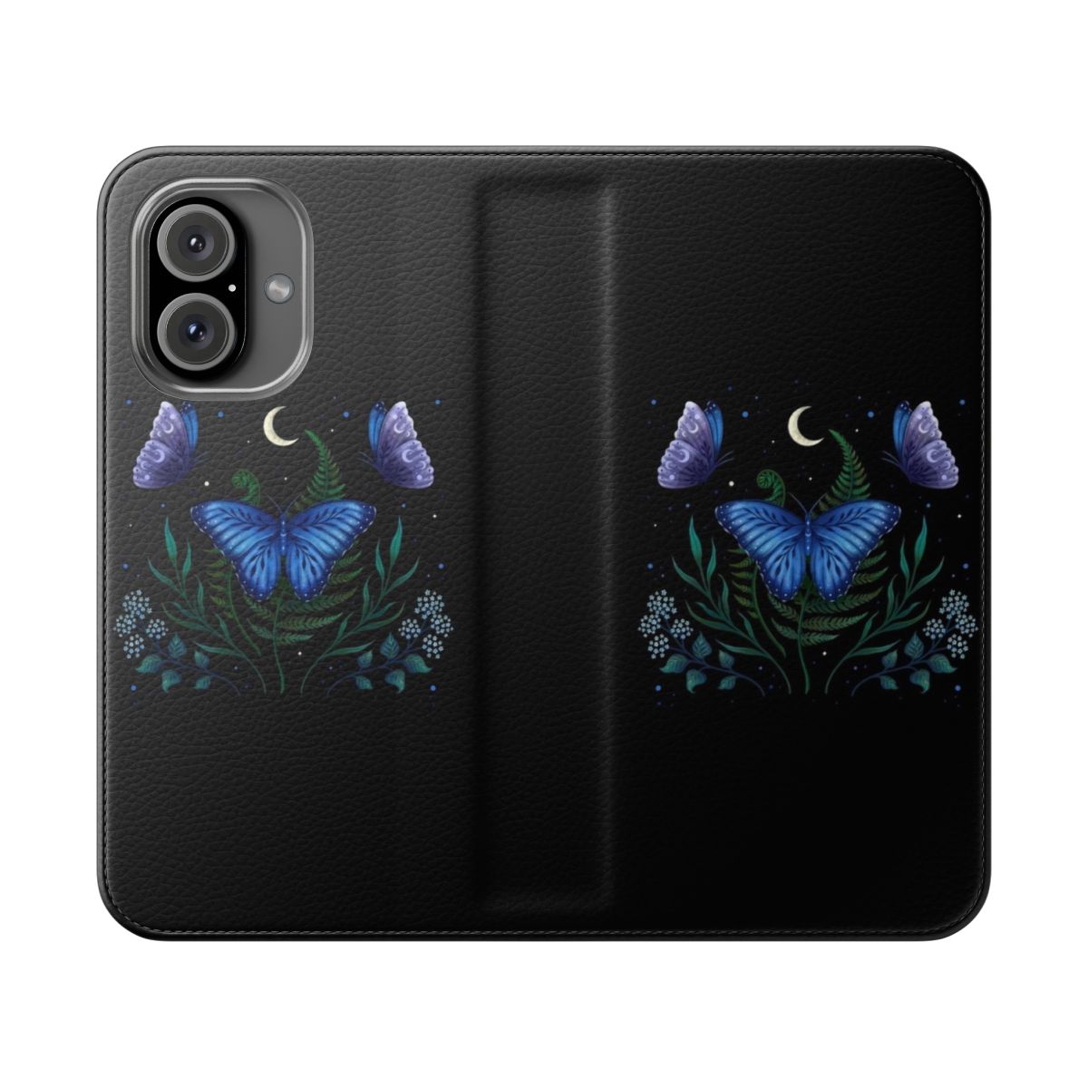 A blue morpho butterfly phone case featuring a flip cover design for night garden enthusiasts.