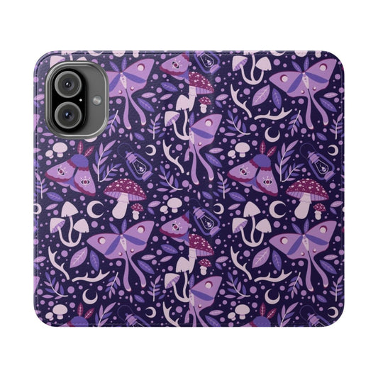 A flip cover phone case featuring a whimsical, nature-inspired design with moths, mushrooms, and other forest elements in shades of purple.