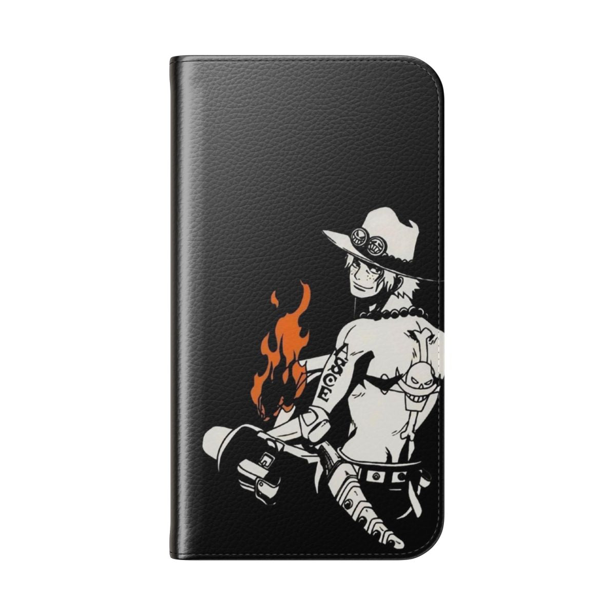 Anime-themed flip cover phone case featuring the character Portgas D. Ace from the popular series One Piece. - Folded Back