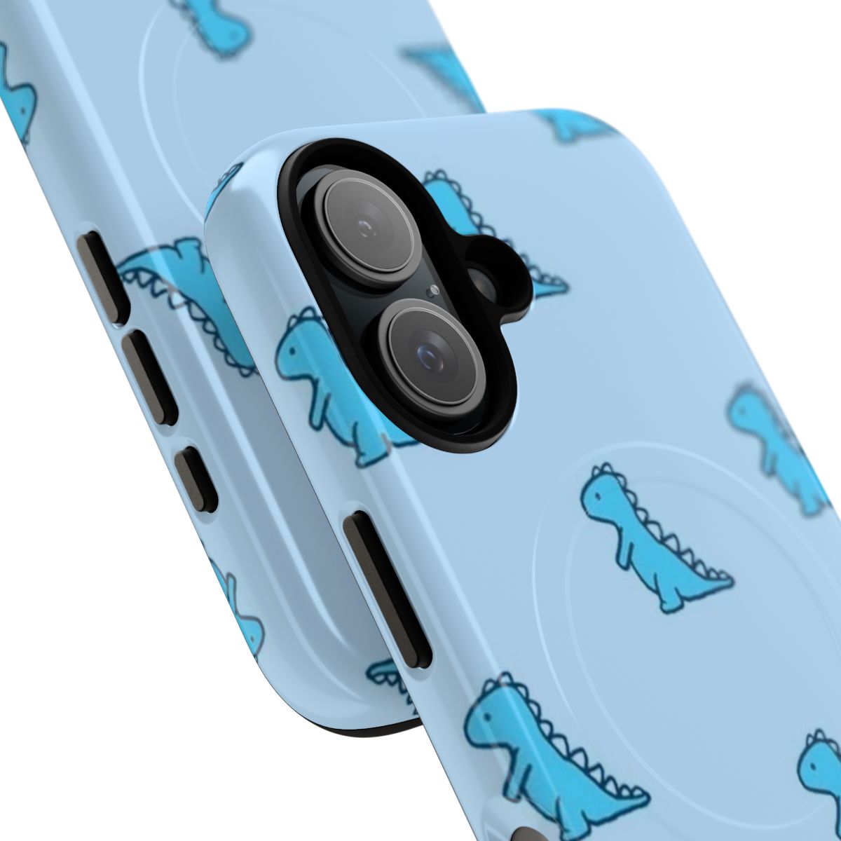 Stylish blue dinosaur magnetic tough phone case with a pastel blue and teal color scheme. - Detail