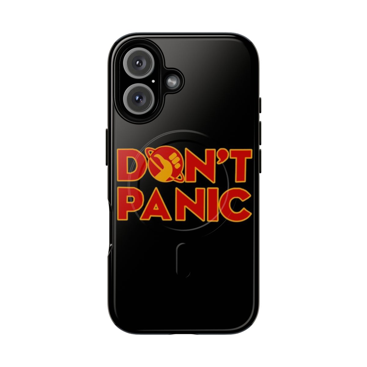 "Don't Panic" magnetic phone case with the iconic Hitchhiker's Guide to the Galaxy design