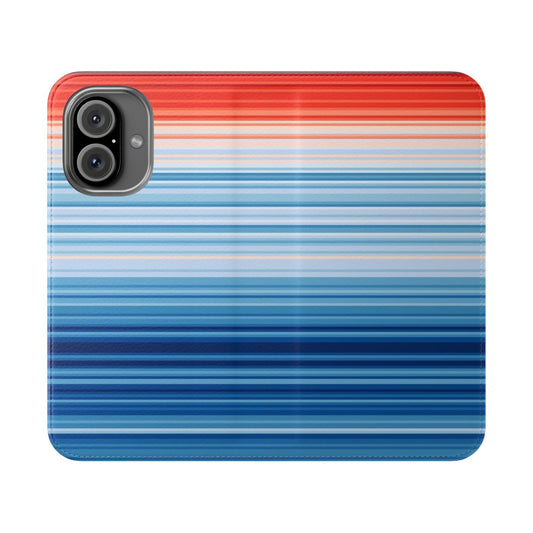 A custom phone case featuring stripes representing climate change data.