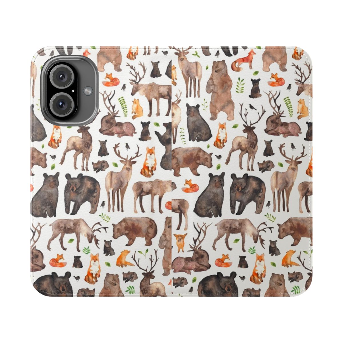 Watercolor illustration of woodland animals including fox, bear, and deer on a phone case cover