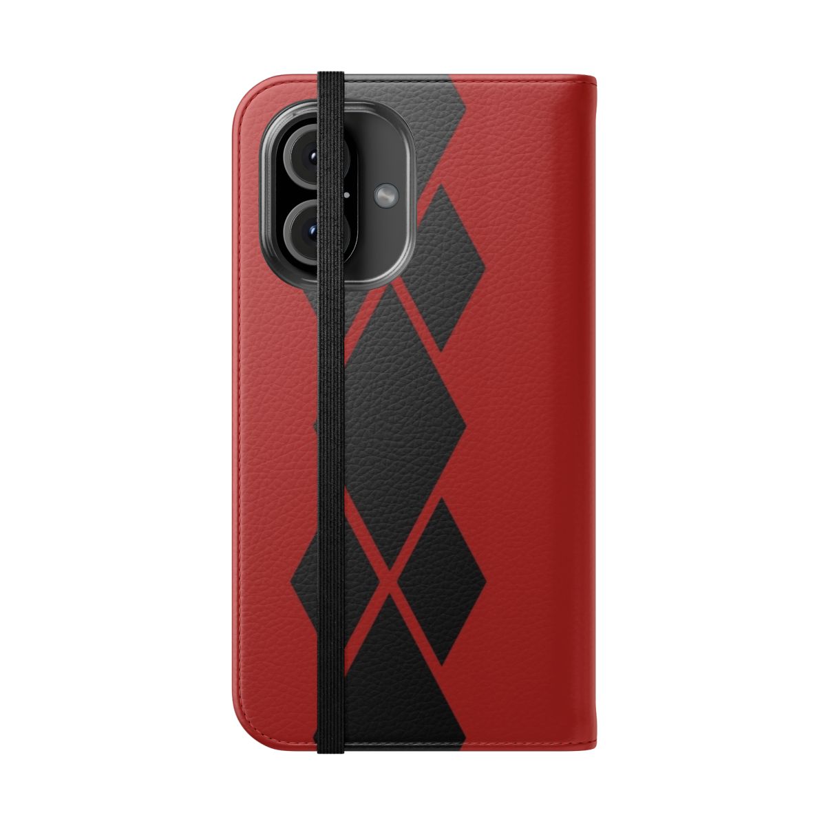 Flip cover phone case with a bold diamond pattern in black and red colors - Folded Front