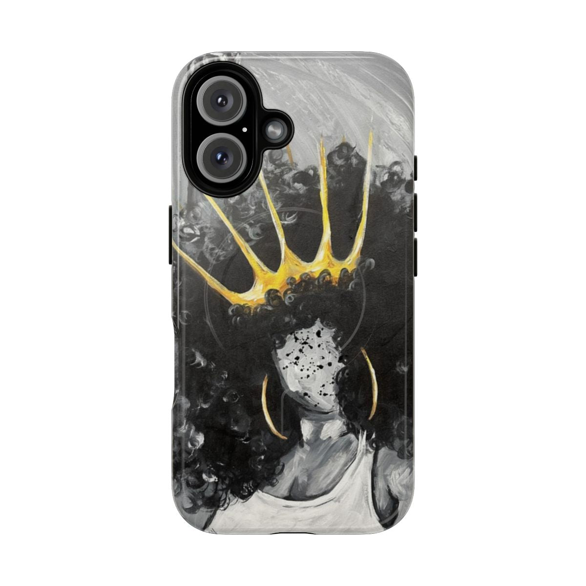 A black woman with an afro and curly hair on a protective, magnetic phone case