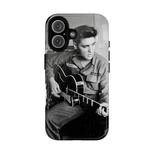 Vintage-style black and white image of young Elvis Presley playing guitar