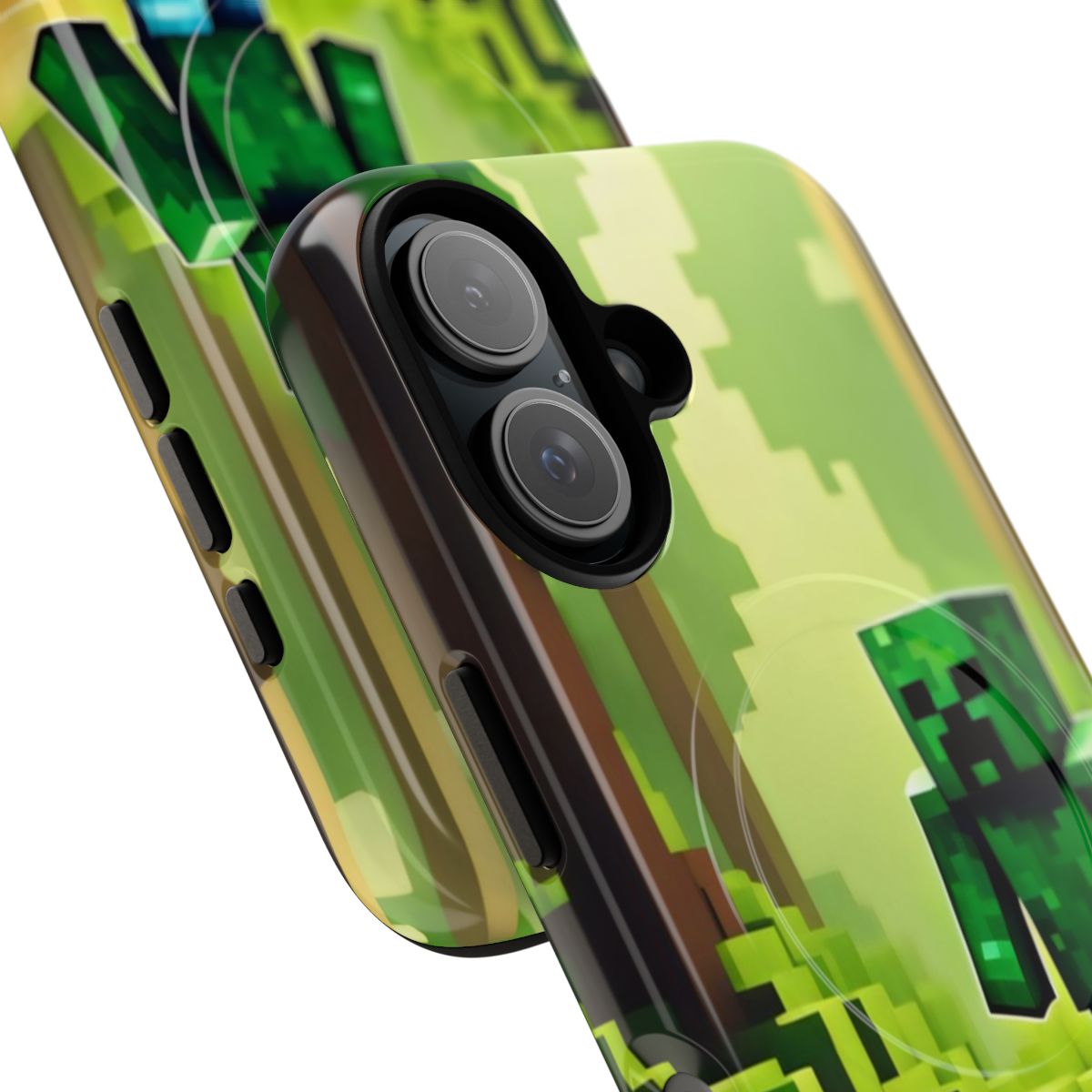 Pixel art creeper design on a durable, magnetic phone case - Detail