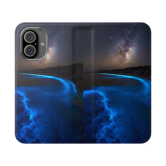 Flip cover phone case featuring a vivid bioluminescent Milky Way galaxy design