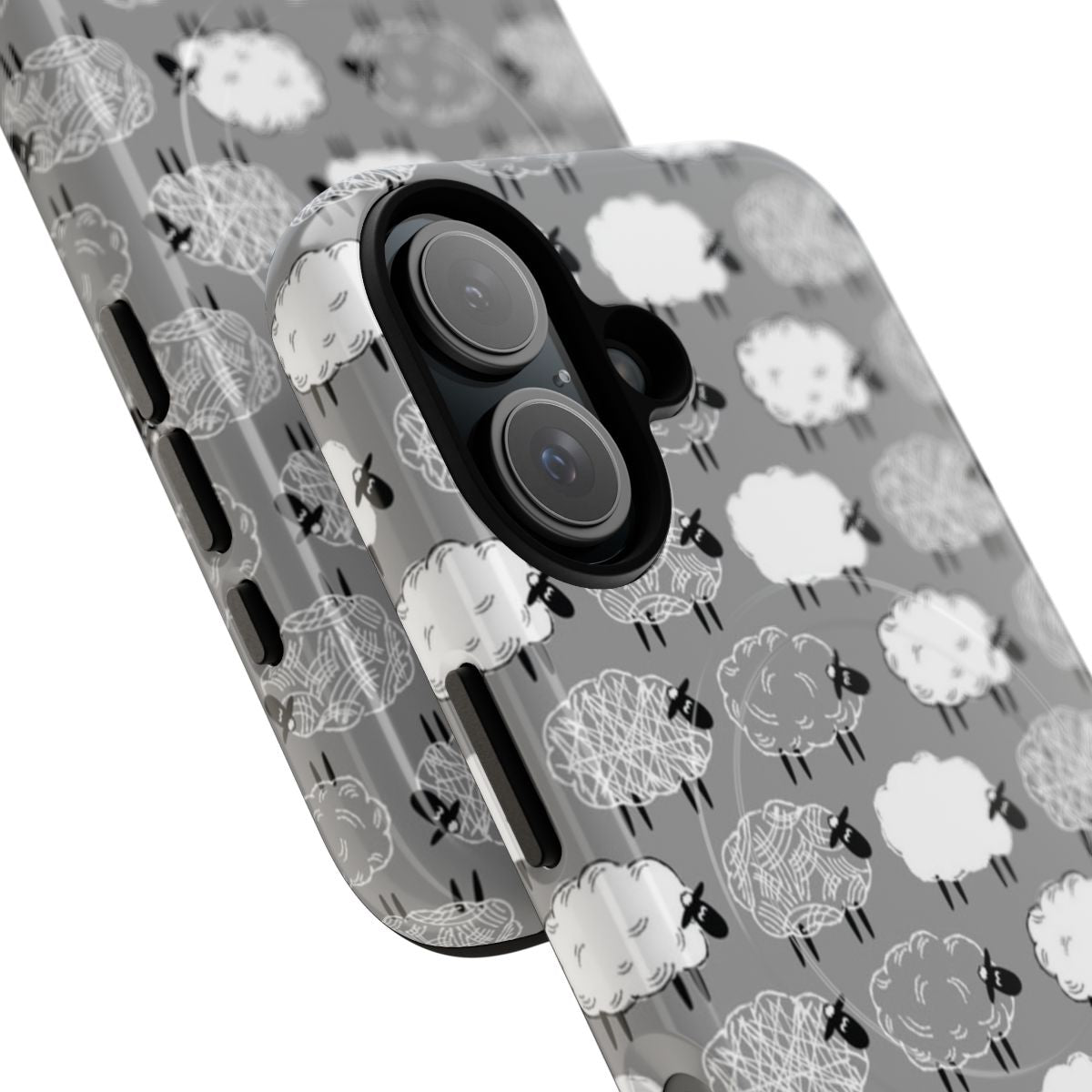 Soft and durable phone case featuring a repeating pattern of hand-drawn black and white sheep illustrations. - Detail