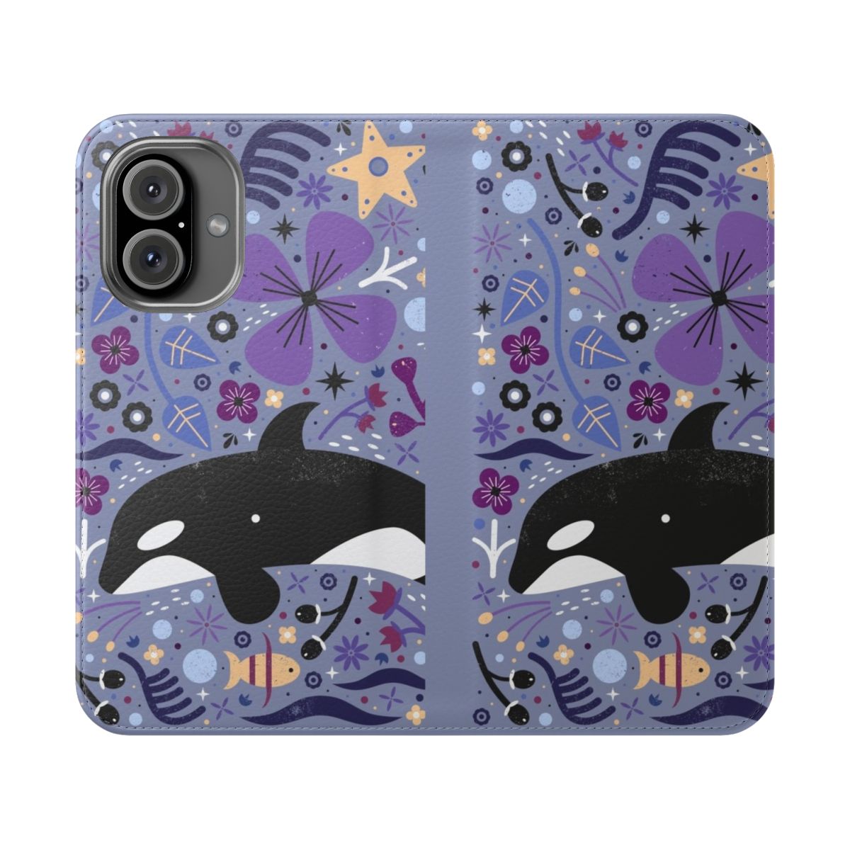 Image of a blue and white flip cover phone case featuring a vibrant, nature-inspired pattern with whales, seaweed, and coral.