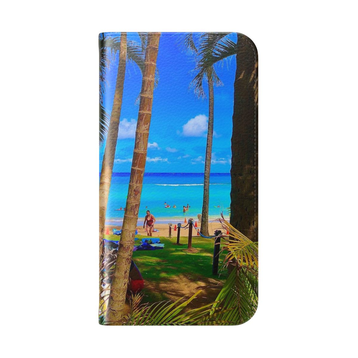 Tropical paradise-inspired flip cover phone case with palm trees and beach design - Folded Back