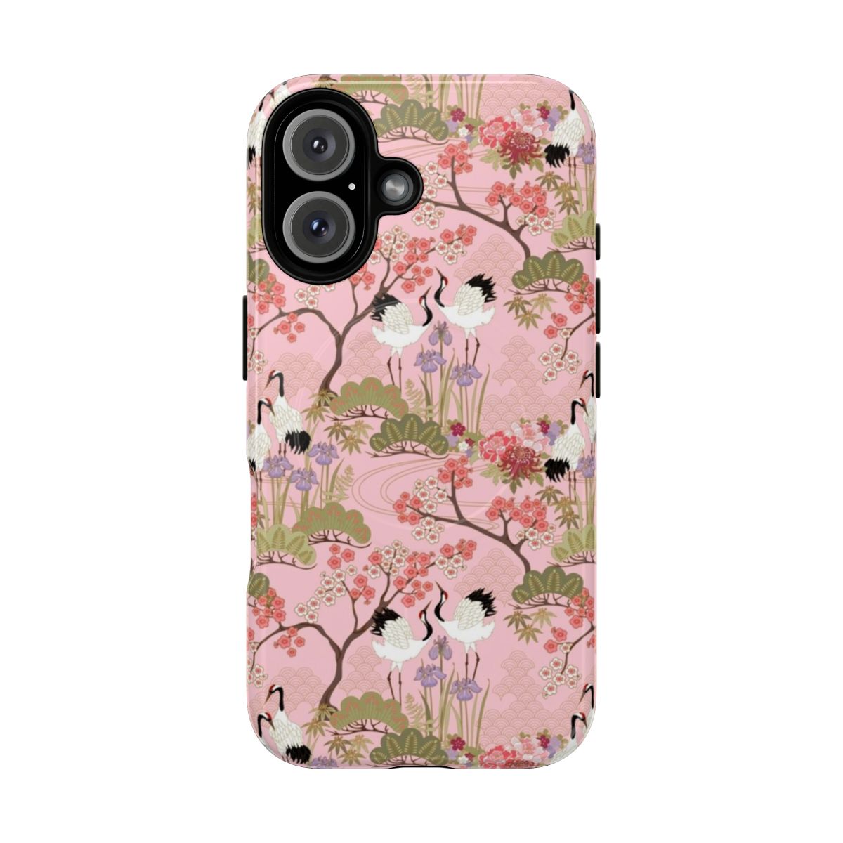 Phone case featuring a beautiful Japanese garden scene with pink flowers, cranes, and floral patterns.