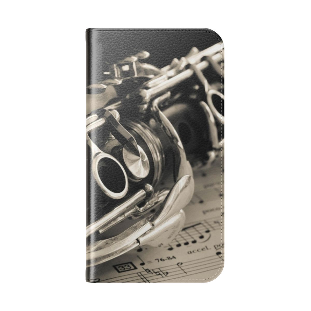 Cream-colored flip cover phone case featuring a monochrome clarinet image for music lovers - Folded Back