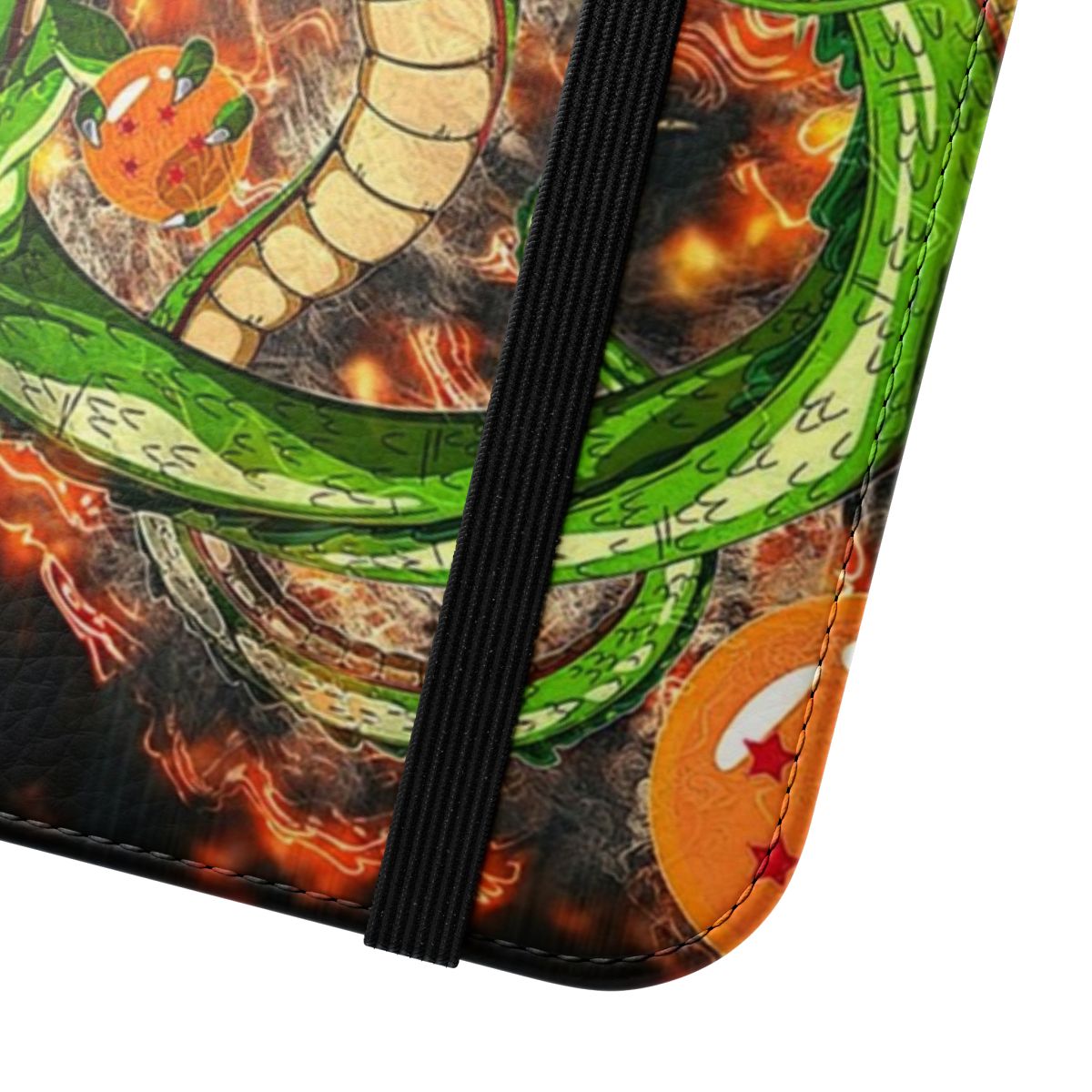 Shenron-inspired flip cover phone case with dragon ball design - Close Up