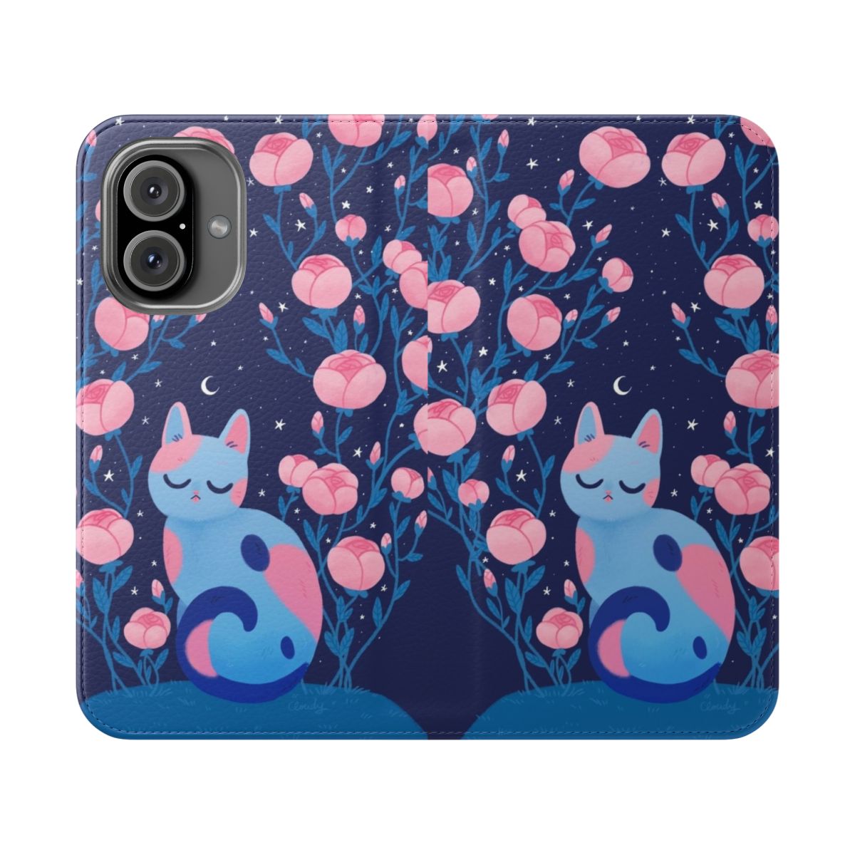 A colorful floral phone case featuring a playful peony-themed design with a cute cat illustration.