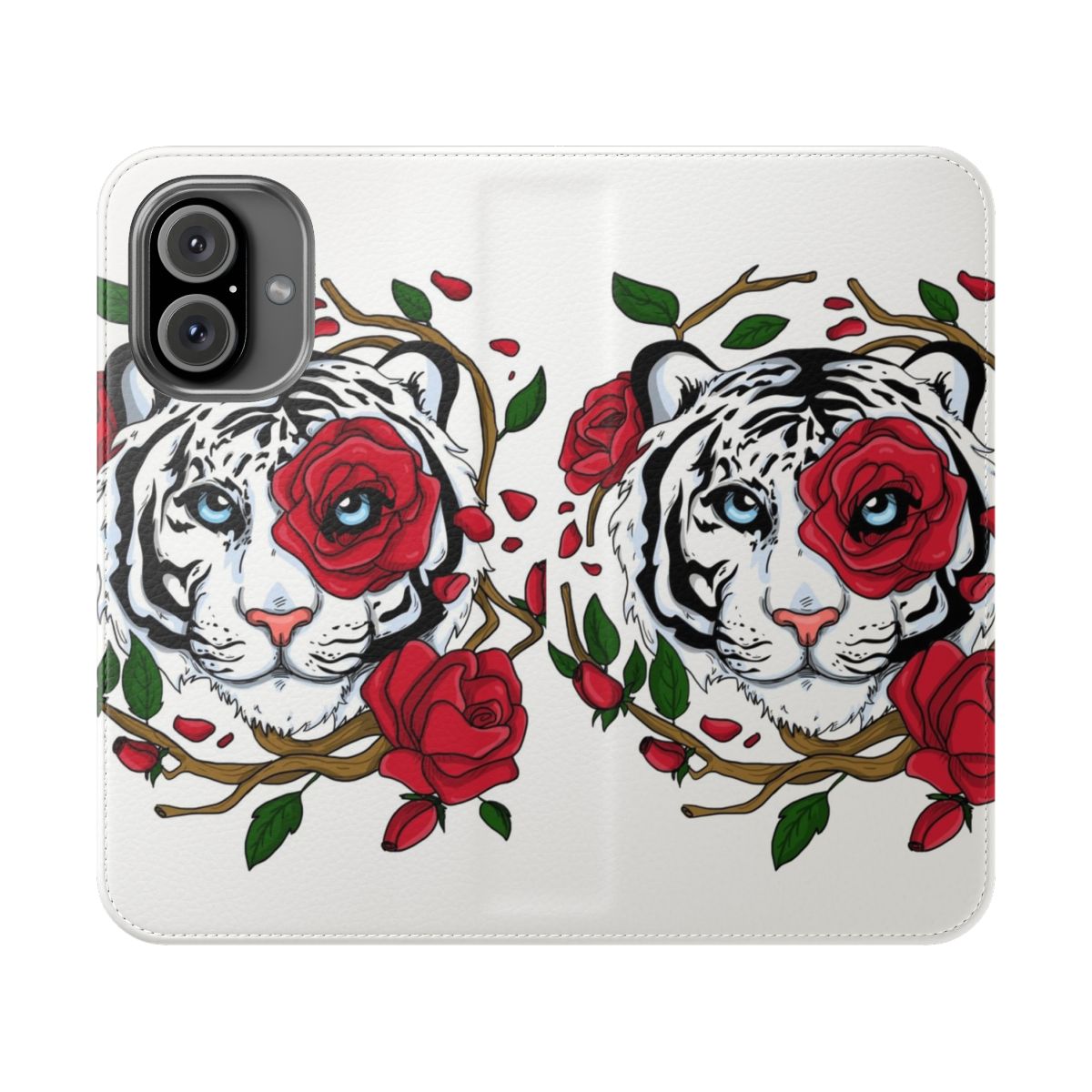 White tiger print flip phone case with floral and vector art design