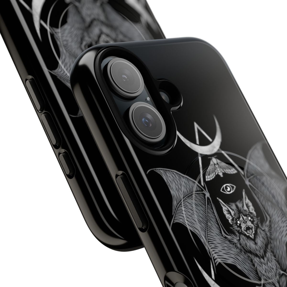 Occult bat magnetic phone case with dark art, geometric, and moon design - Detail