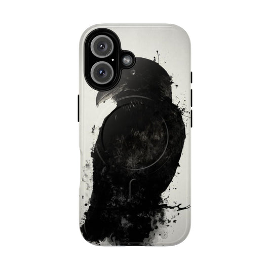 Detailed image of a raven-inspired phone case with artistic spatter and ink effects.