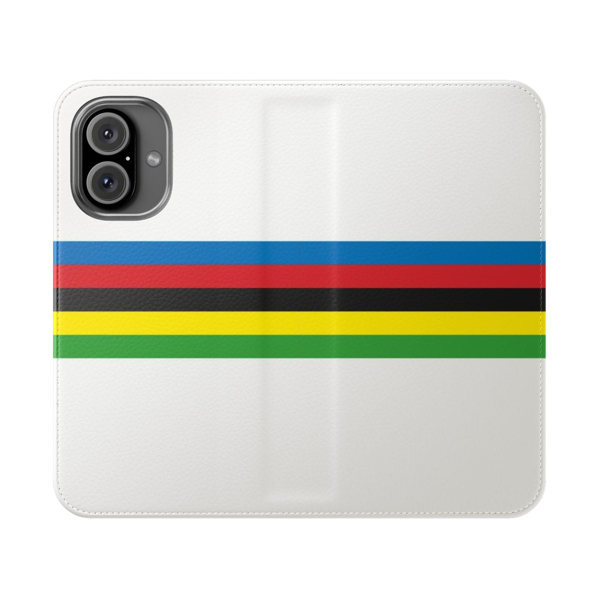 Striped cycling phone case with rainbow bands and bicycle design