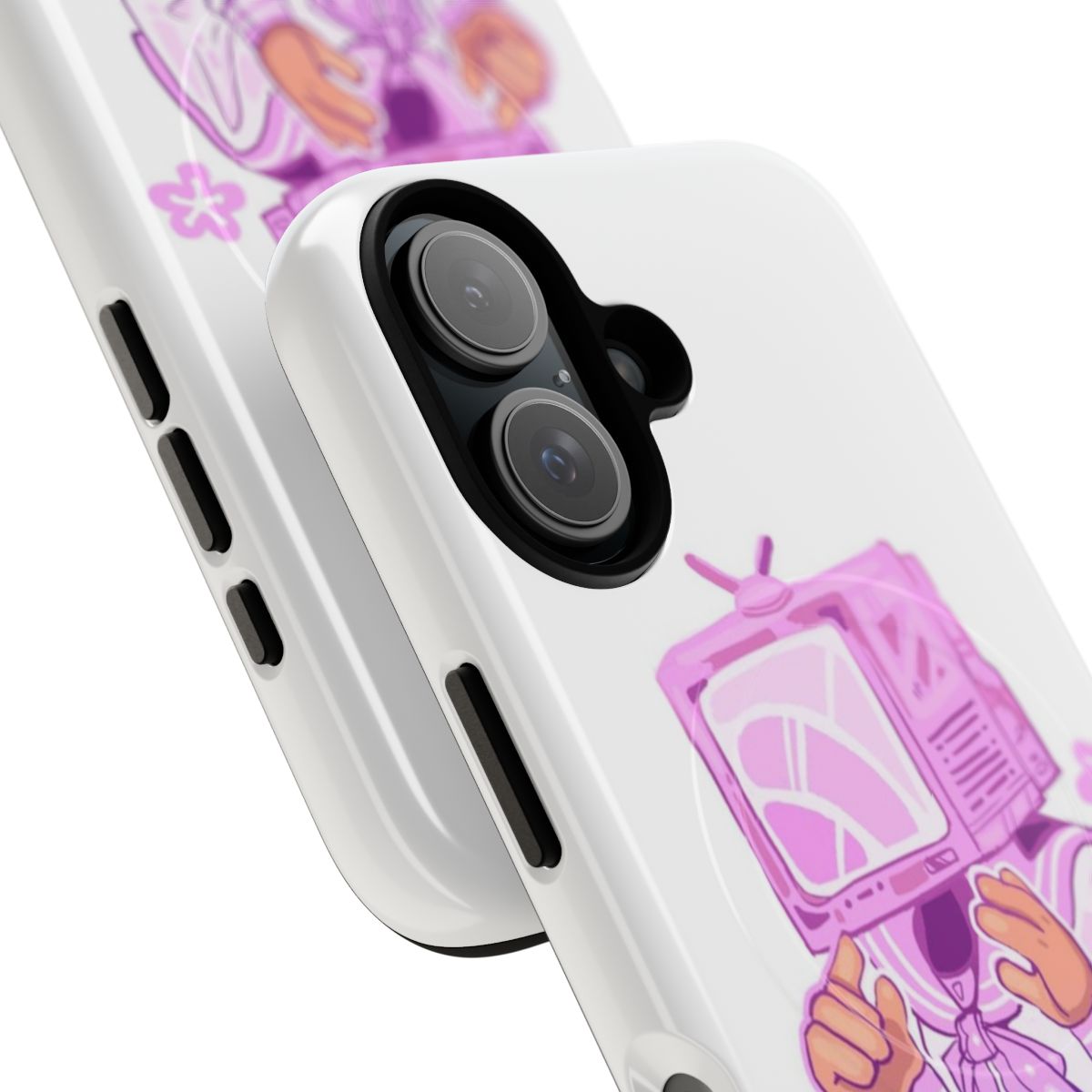 A pink phone case with an anime-inspired head design and cherry blossom accents - Detail