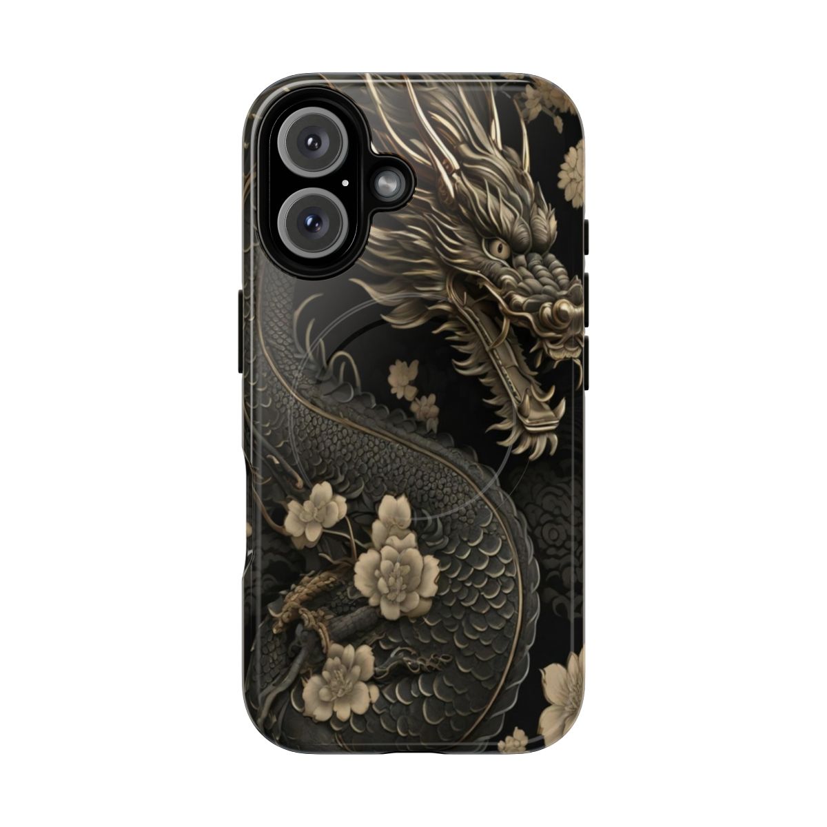 A traditional Japanese-inspired phone case with a black dragon and cherry blossoms design