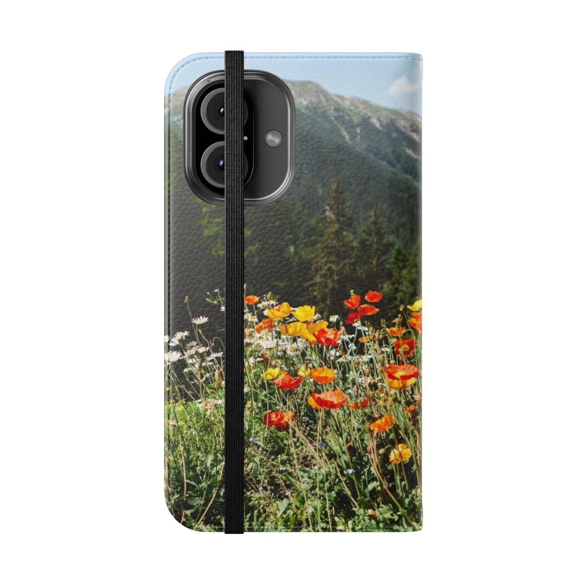 Mountain landscape with wildflowers and forests on a phone case - Folded Front