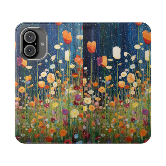 Stylish phone case with a vibrant flower garden design inspired by the artwork of Gustav Klimt