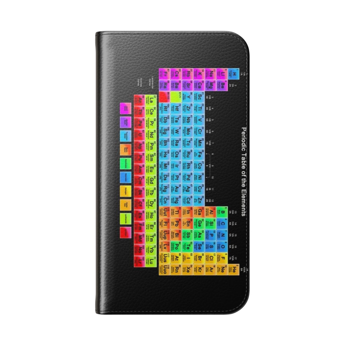 Vibrant color periodic table graphic on a black flip phone case - Folded Back