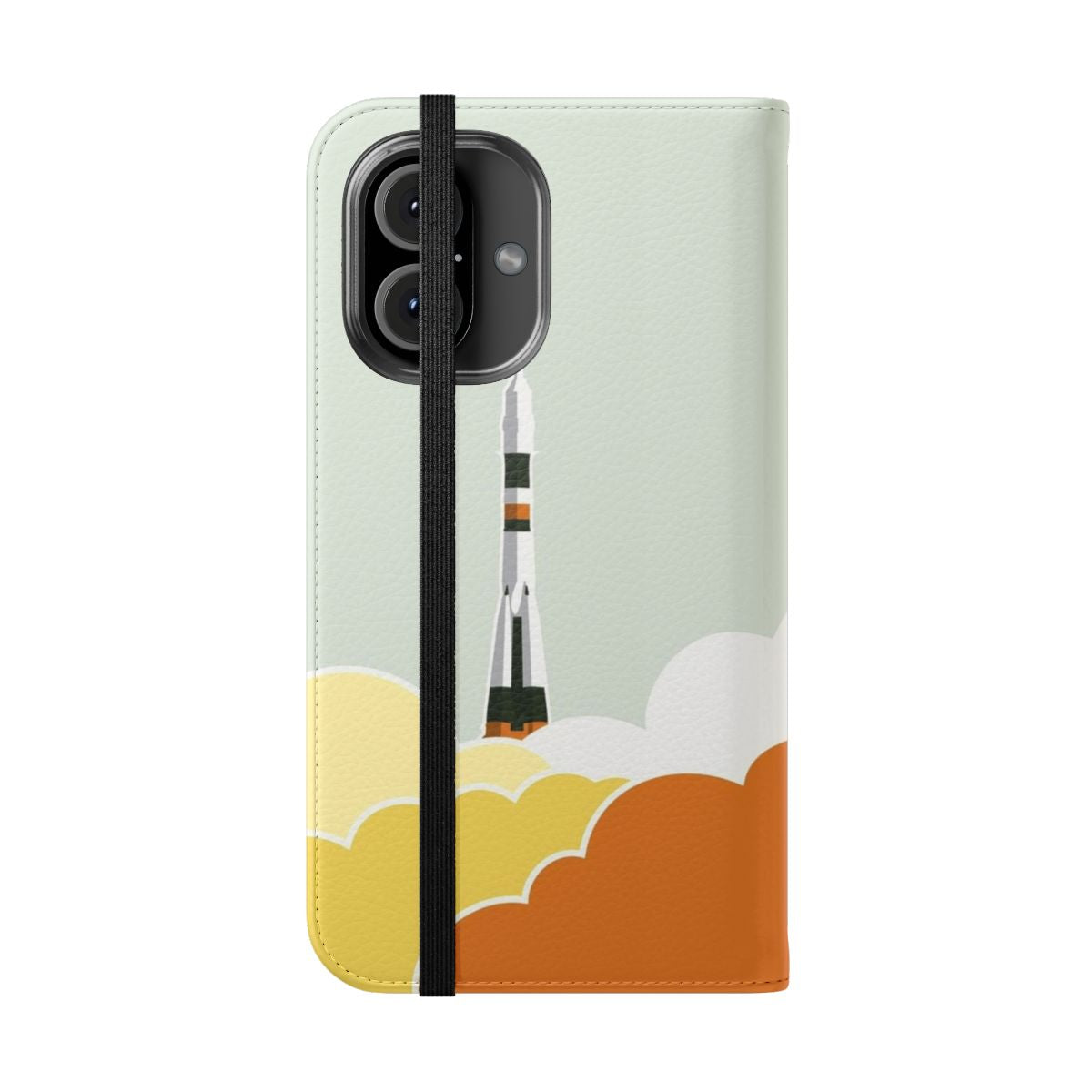 Flip cover phone case with a space-themed design featuring planets, stars, and spacecraft. - Folded Front