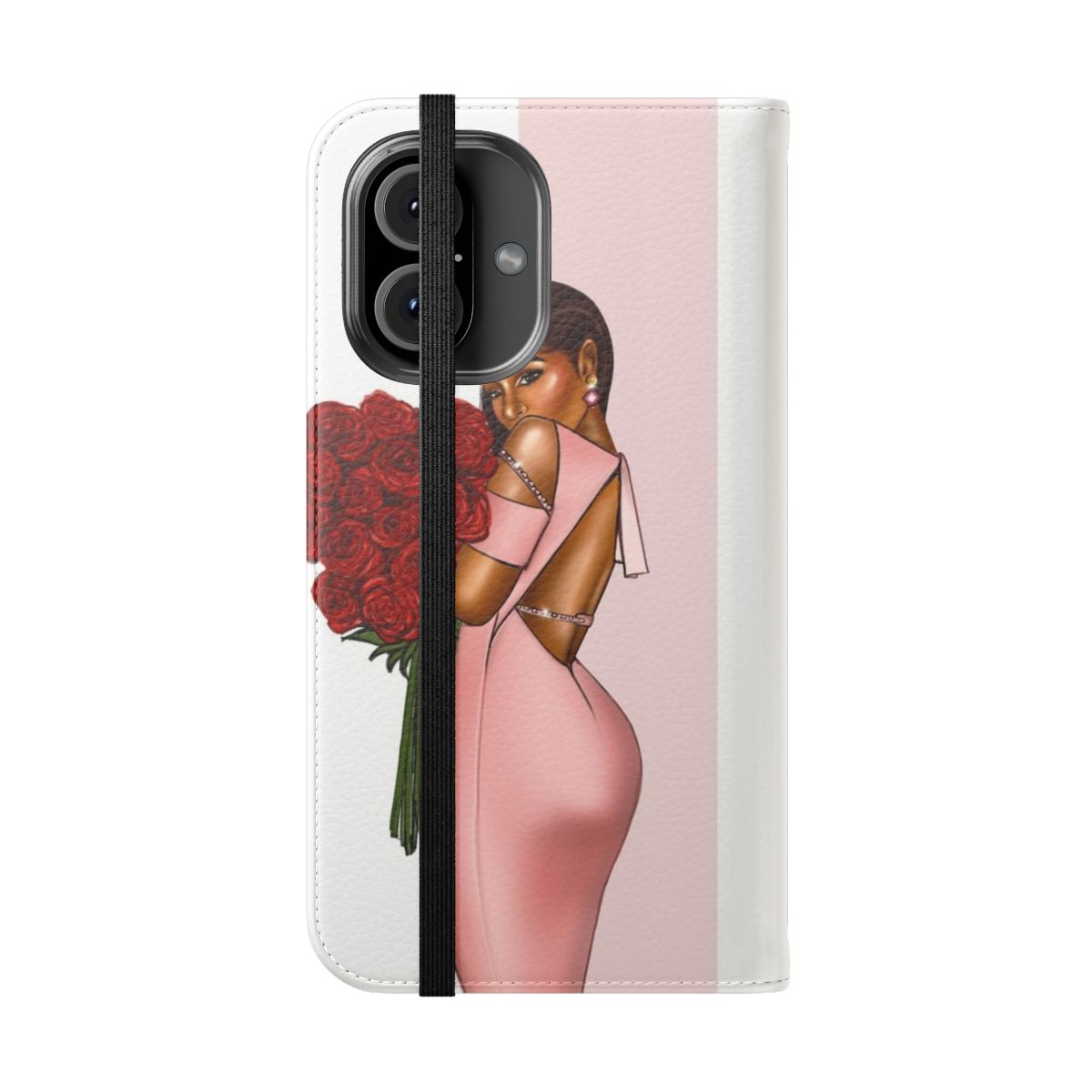 Stylish floral rose phone case design featuring a black girl with melanin-rich skin - Folded Front